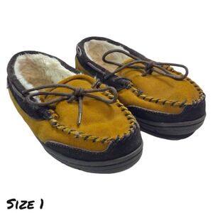 Staheekum Suede Moccasin Slippers Brown Tan Faux Fur Lined Indoor Outdoor Size 1